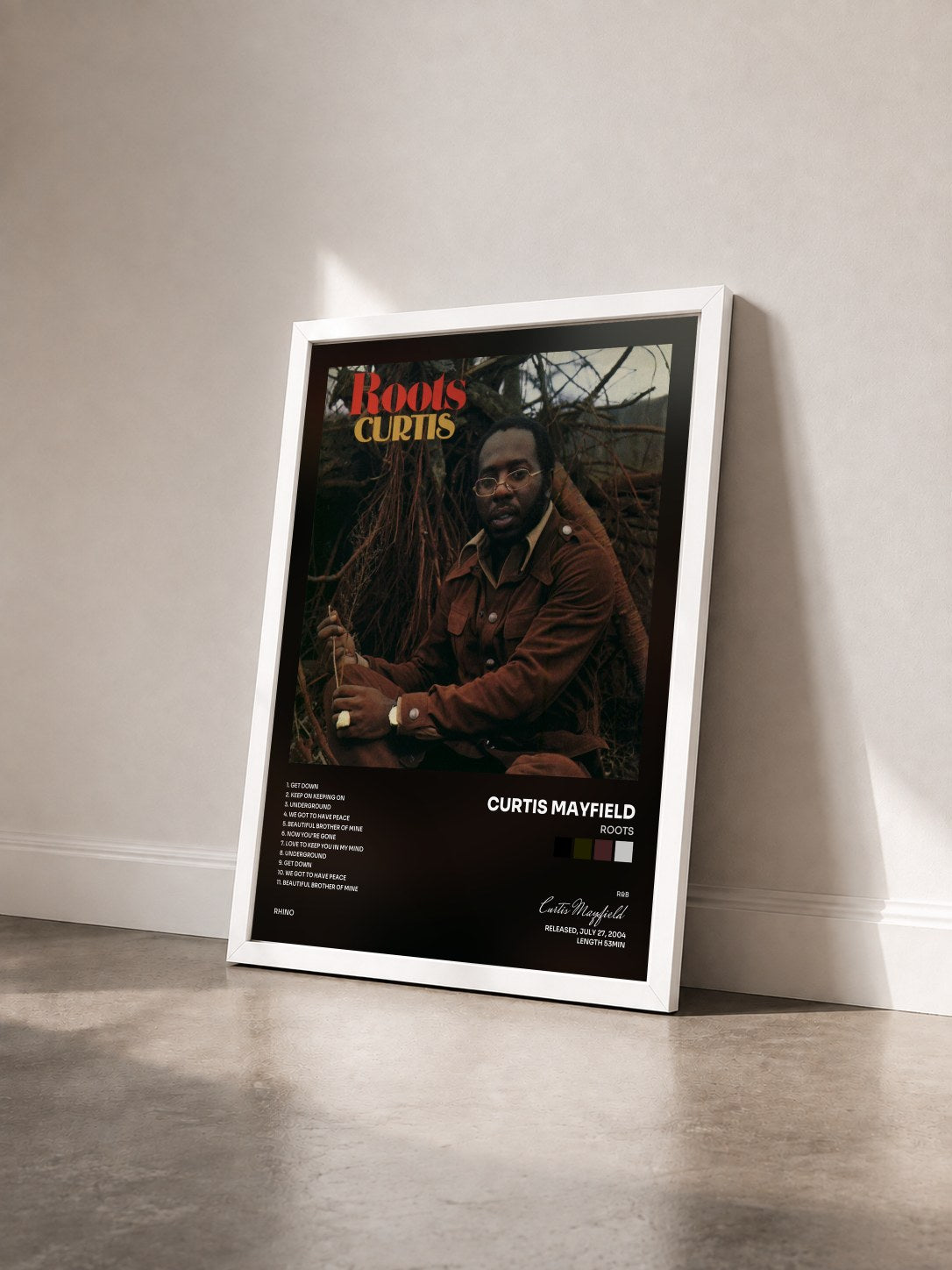 #blanc Tableau de l'album Roots de Curtis Mayfield vu de trois quarts, cadre blanc