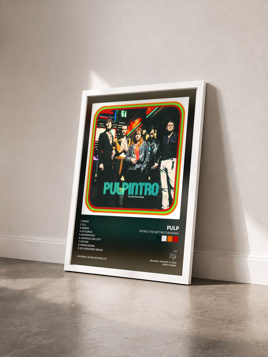 #blanc Tableau de l'album Intro: The Gift Recordings de Pulp vu de trois quarts, cadre blanc