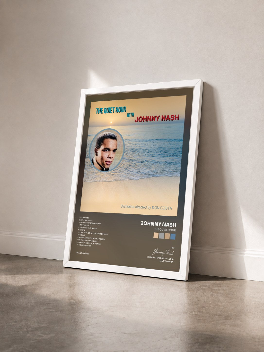 #blanc Tableau de l'album The Quiet Hour de Johnny Nash vu de trois quarts, cadre blanc