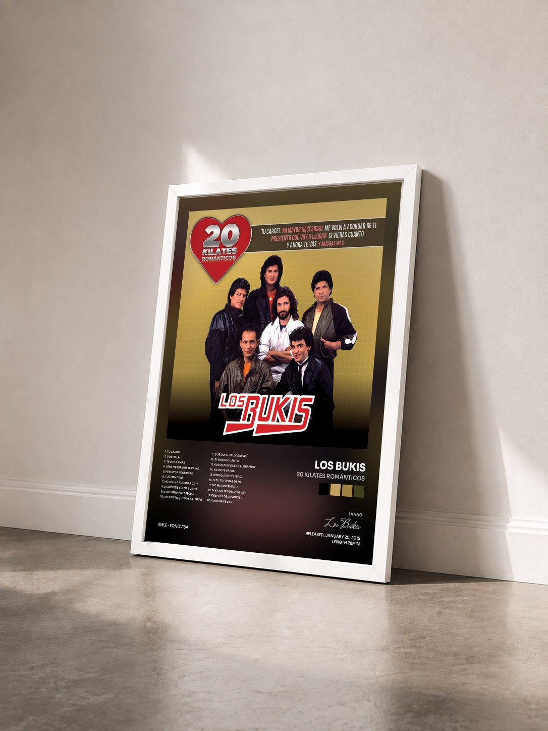 #blanc Tableau de l'album 20 Kilates Románticos de Los Bukis vu de trois quarts, cadre blanc