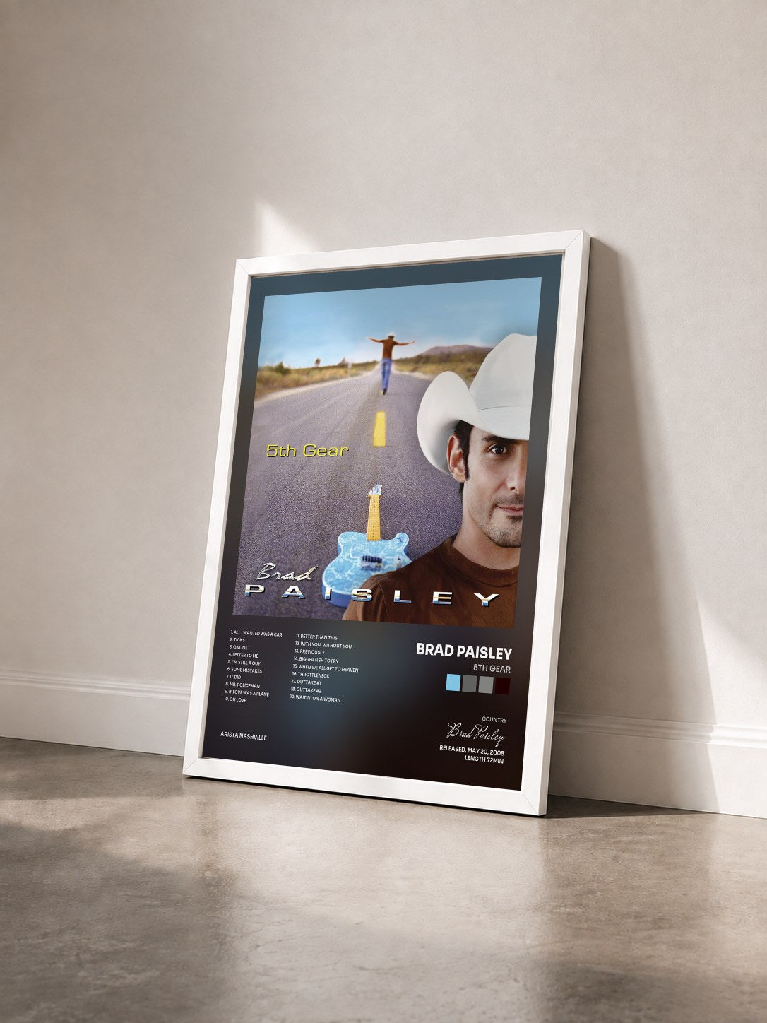 #blanc Tableau de l'album 5th Gear de Brad Paisley vu de trois quarts, cadre blanc