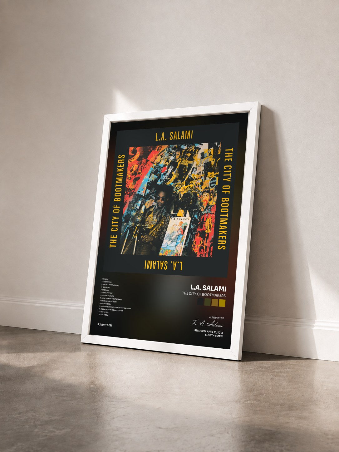 #blanc Tableau de l'album The City of Bootmakers de L.A. Salami vu de trois quarts, cadre blanc