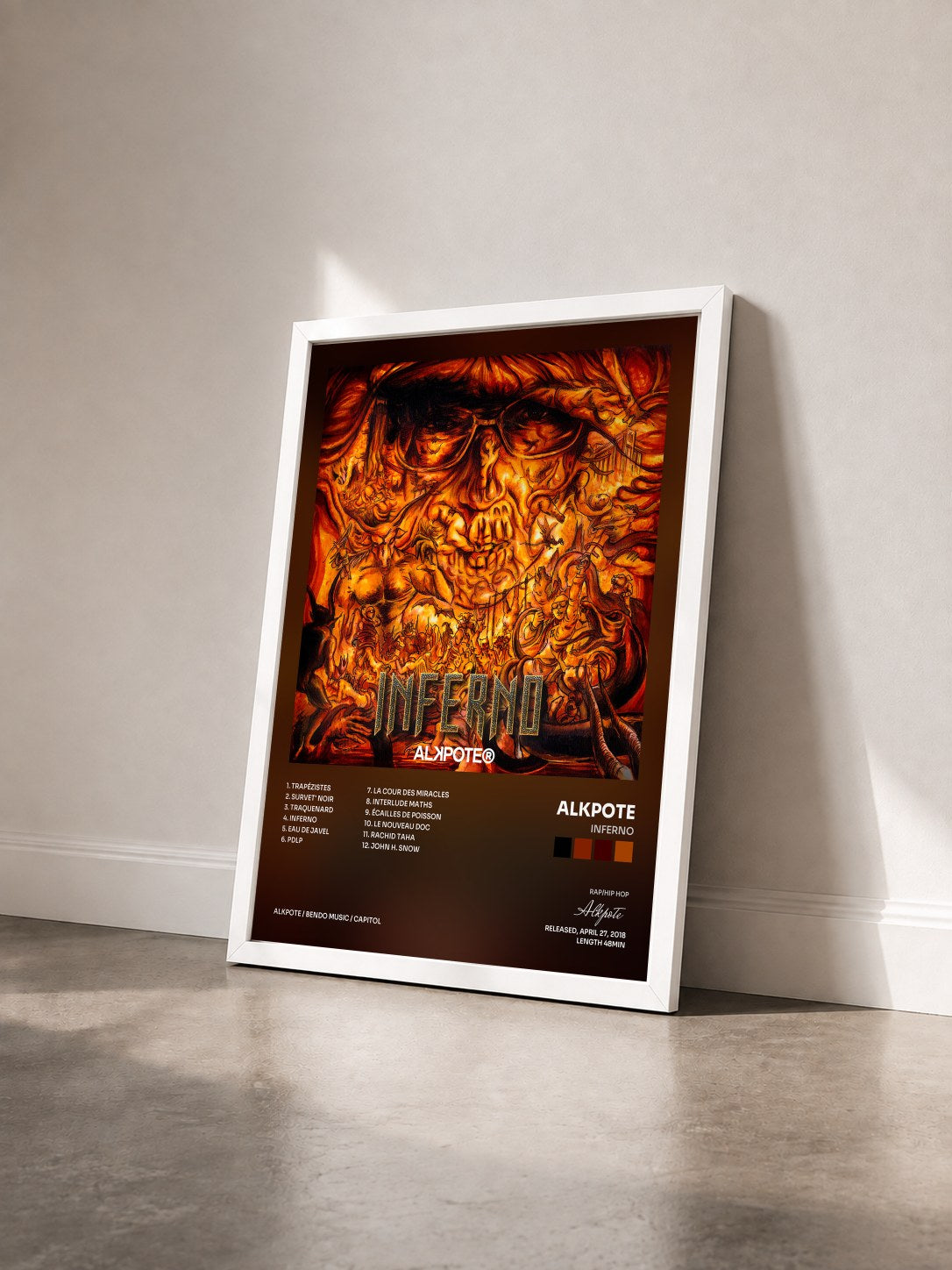 #blanc Tableau de l'album Inferno de Alkpote vu de trois quarts, cadre blanc
