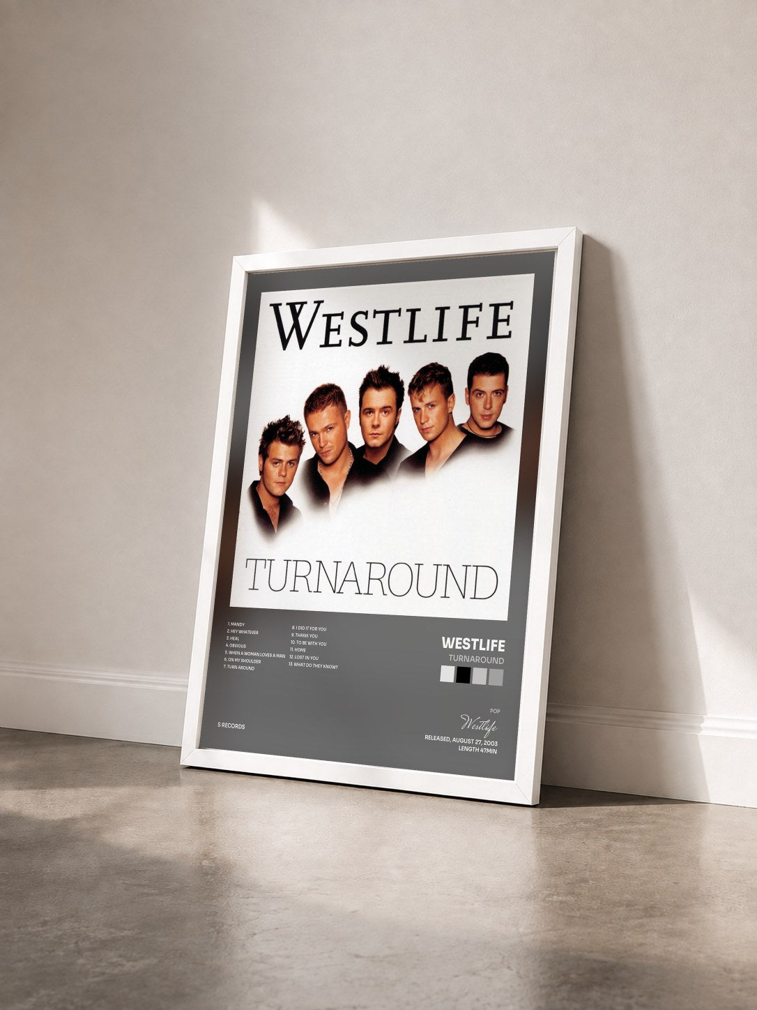 #blanc Tableau de l'album Turnaround de Westlife vu de trois quarts, cadre blanc