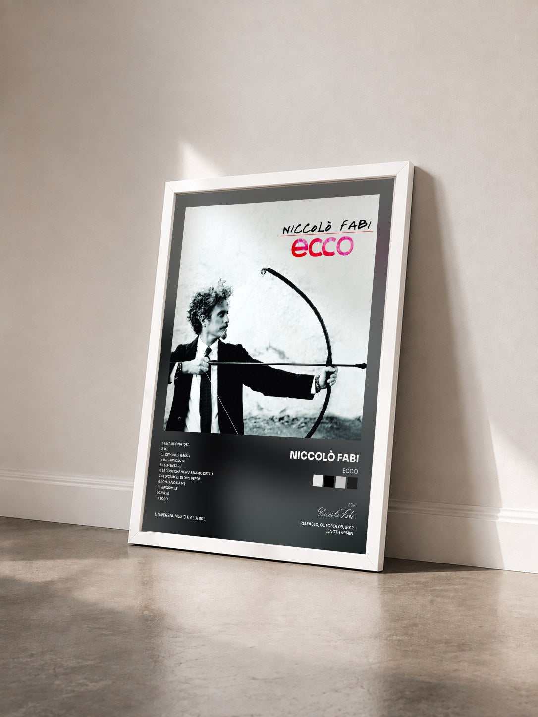 #blanc Tableau de l'album Ecco de Niccolò Fabi vu de trois quarts, cadre blanc