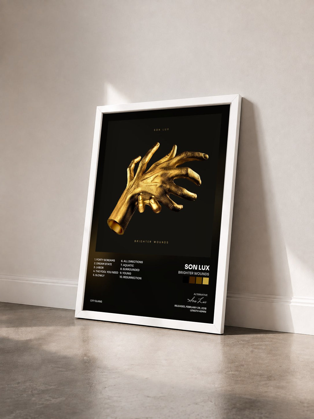 #blanc Tableau de l'album Brighter Wounds de Son Lux vu de trois quarts, cadre blanc