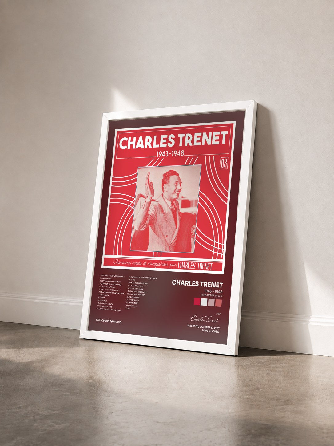 #blanc Tableau de l'album 1943 - 1948 (Remasterisé en 2017) de Charles Trenet vu de trois quarts, cadre blanc