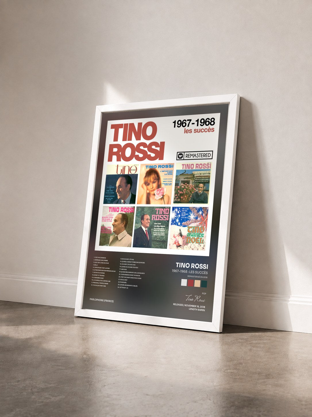 #blanc Tableau de l'album 1967-1968 : Les succès (Remasterisé en 2018) de Tino Rossi vu de trois quarts, cadre blanc