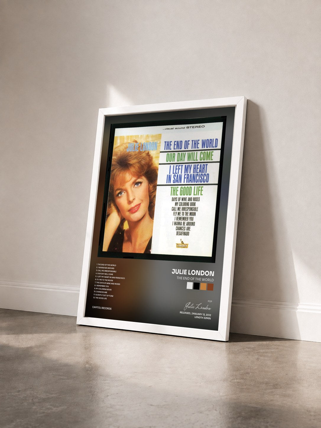 #blanc Tableau de l'album The End Of The World de Julie London vu de trois quarts, cadre blanc