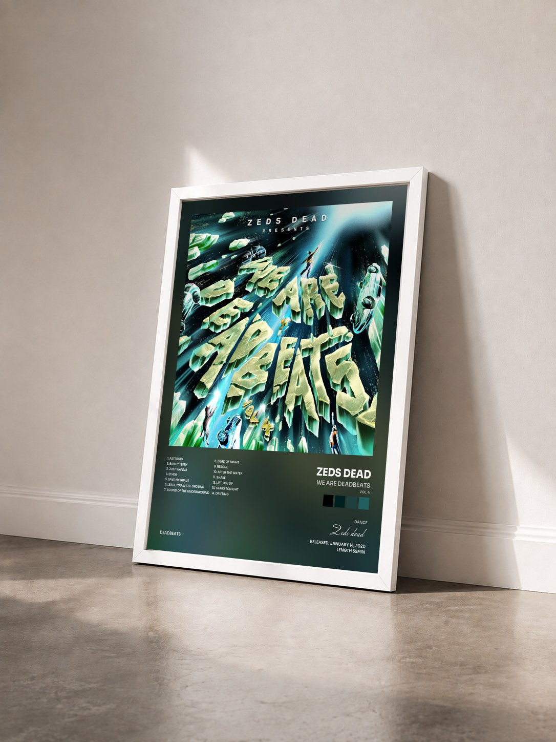 #blanc Tableau de l'album We Are Deadbeats (Vol. 4) de Zeds dead vu de trois quarts, cadre blanc