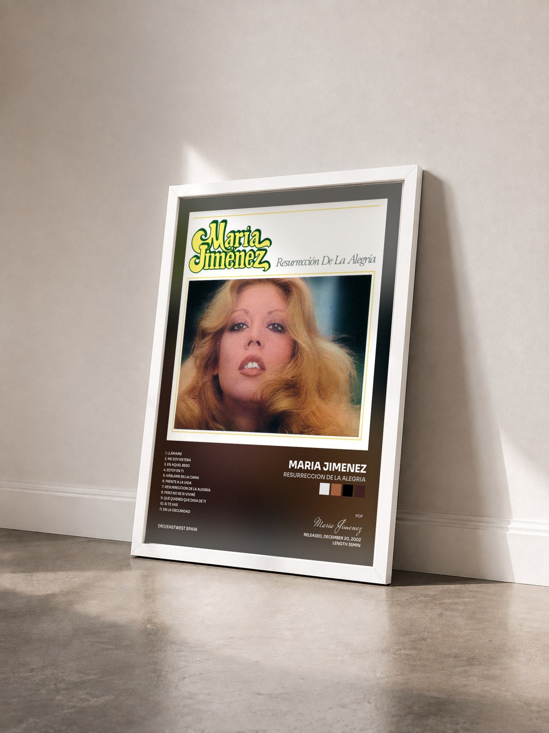 #blanc Tableau de l'album Resurreccion de la alegria de Maria Jimenez vu de trois quarts, cadre blanc