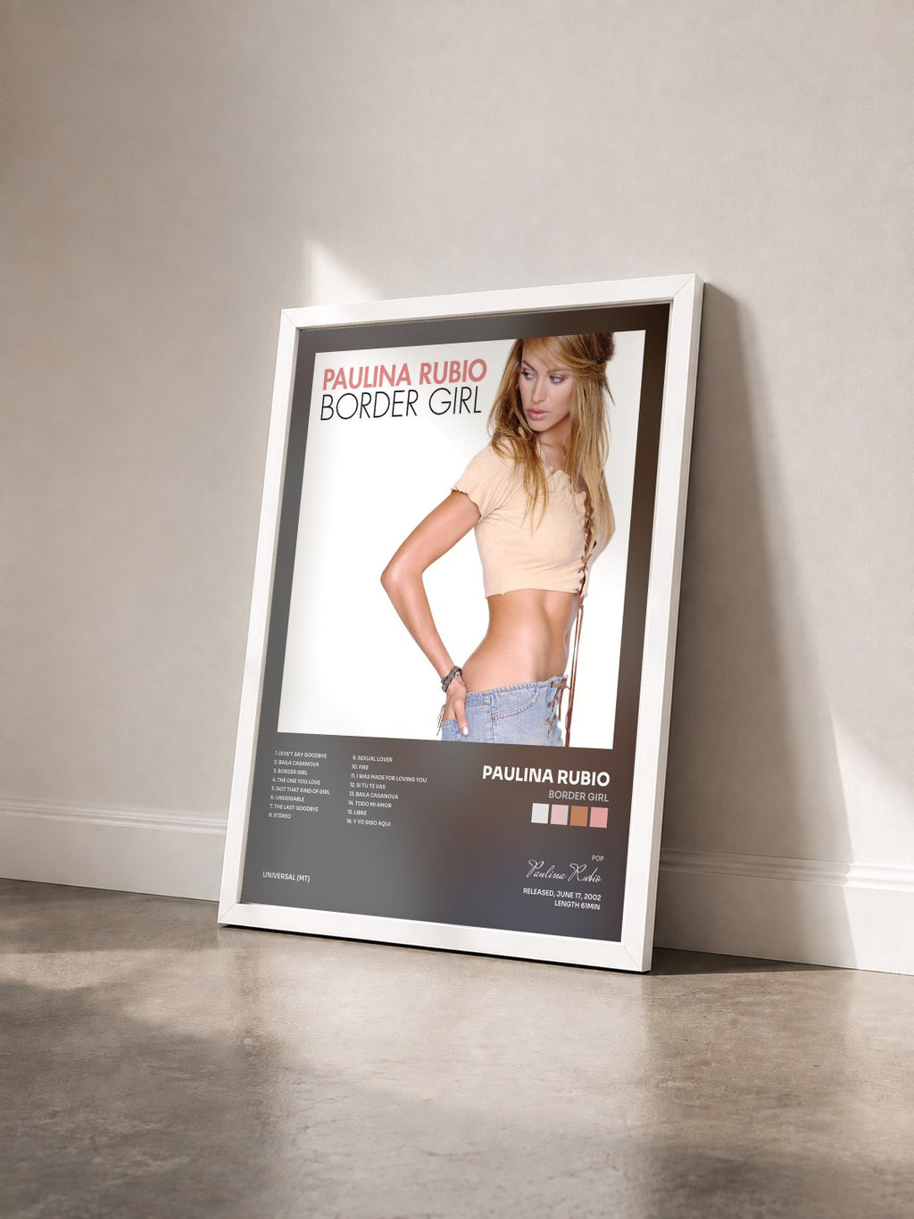 #blanc Tableau de l'album Border Girl de Paulina Rubio vu de trois quarts, cadre blanc