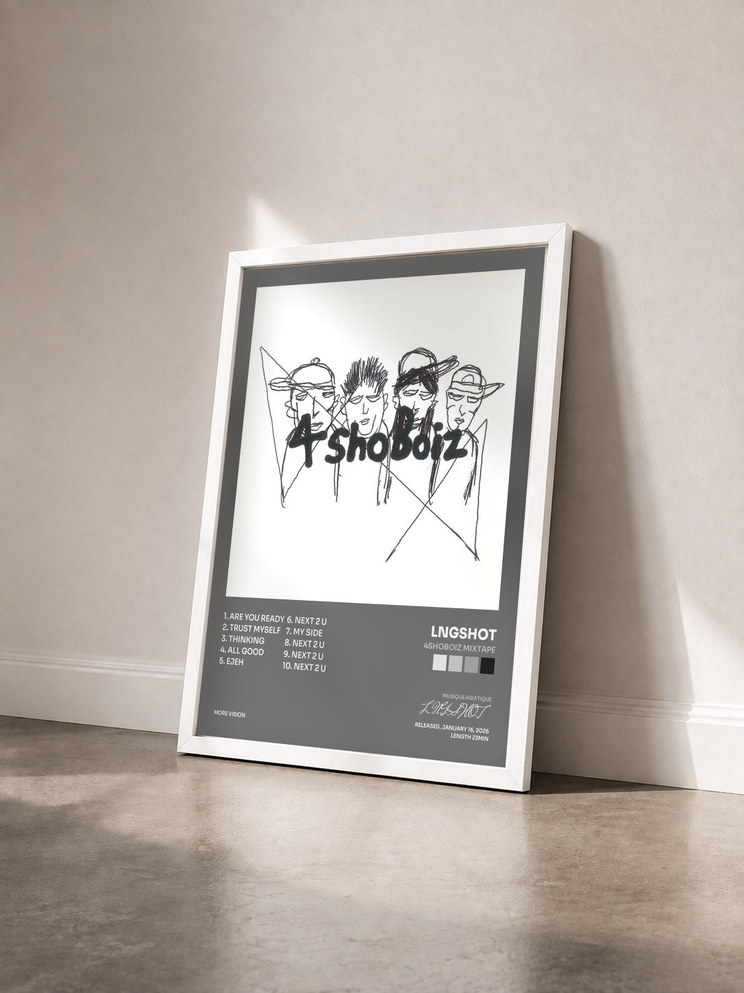 #blanc Tableau de l'album 4SHOBOIZ MIXTAPE de LNGSHOT vu de trois quarts, cadre blanc