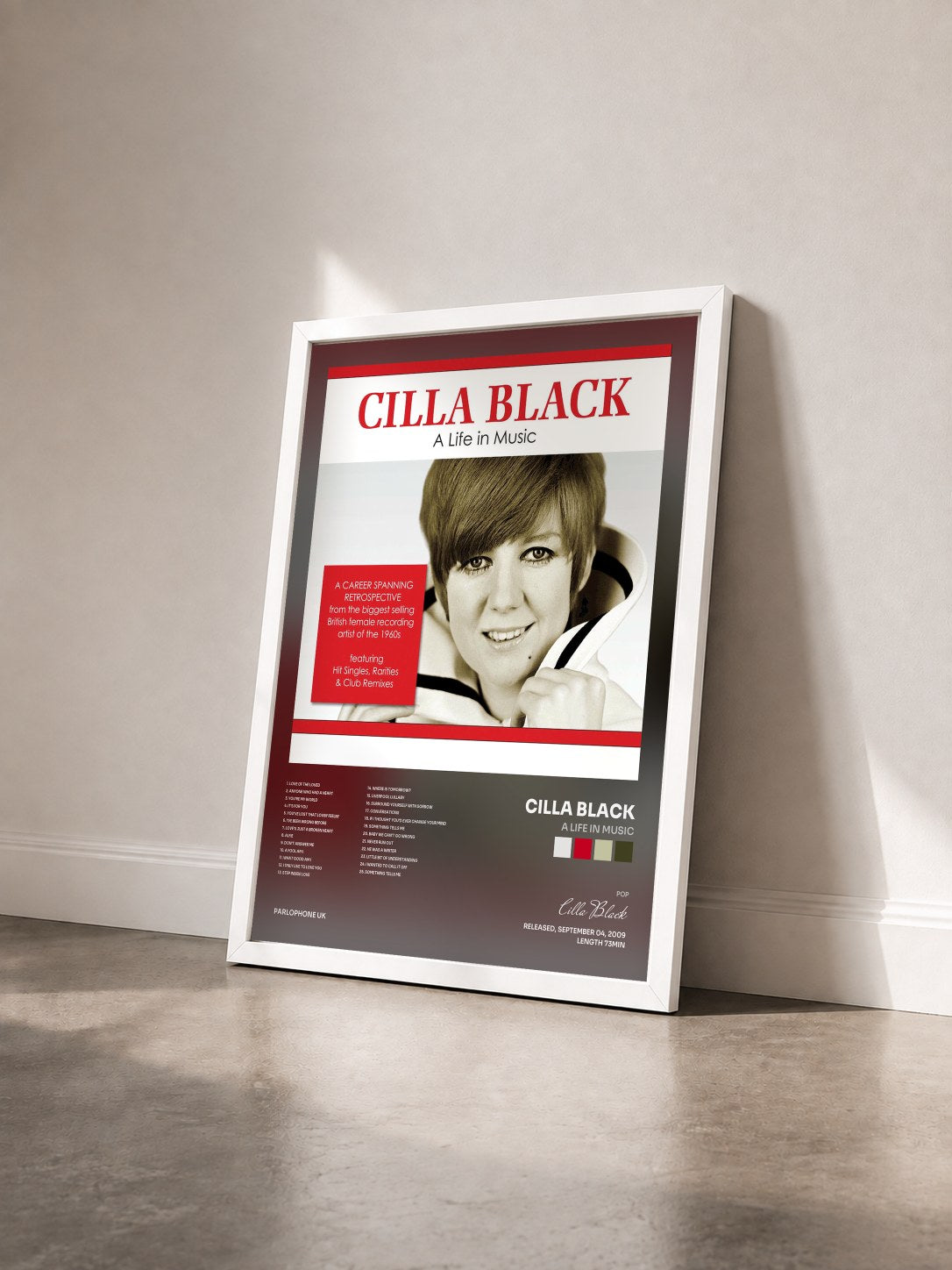 #blanc Tableau de l'album A Life in Music de Cilla Black vu de trois quarts, cadre blanc