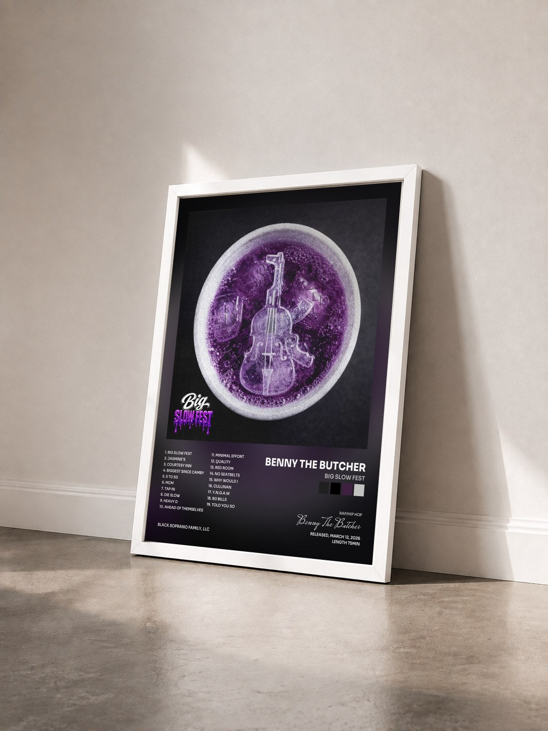 #blanc Tableau de l'album Big Slow Fest de Benny The Butcher vu de trois quarts, cadre blanc