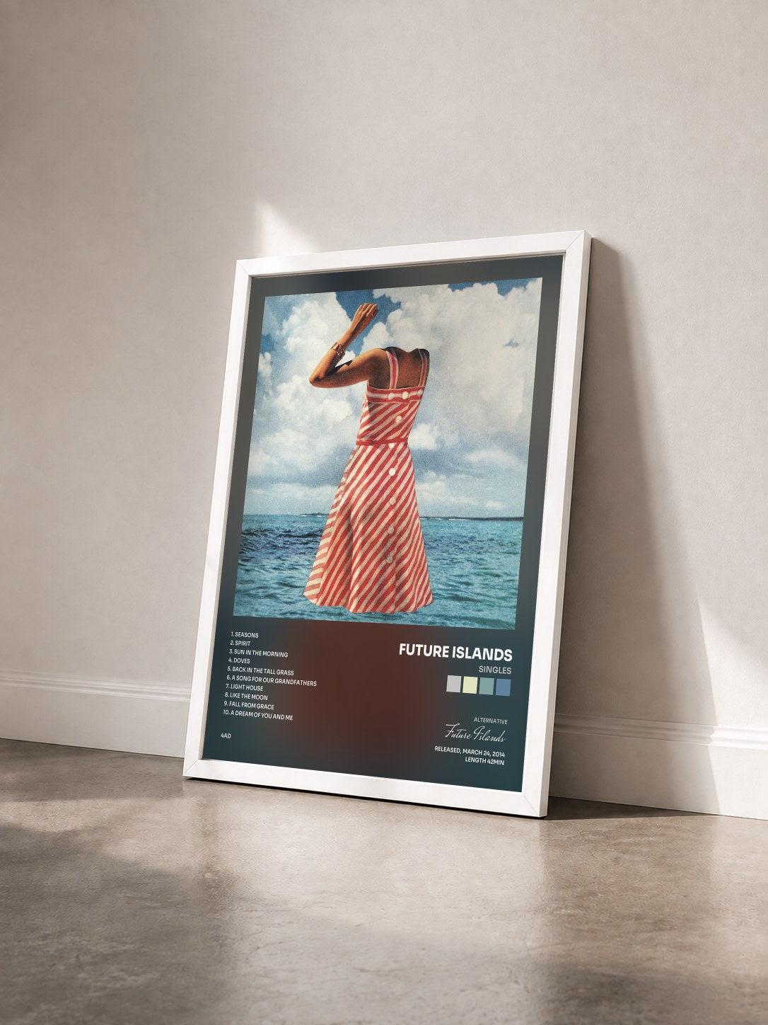#blanc Tableau de l'album Singles de Future Islands vu de trois quarts, cadre blanc