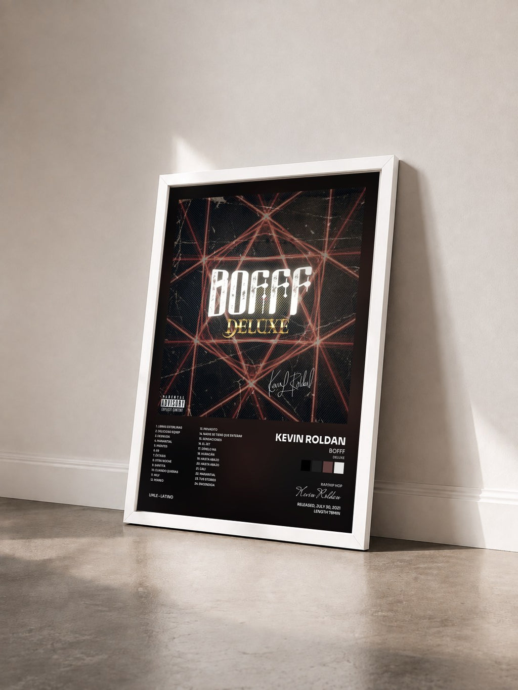 #blanc Tableau de l'album Bofff (Deluxe) de Kevin Roldan vu de trois quarts, cadre blanc