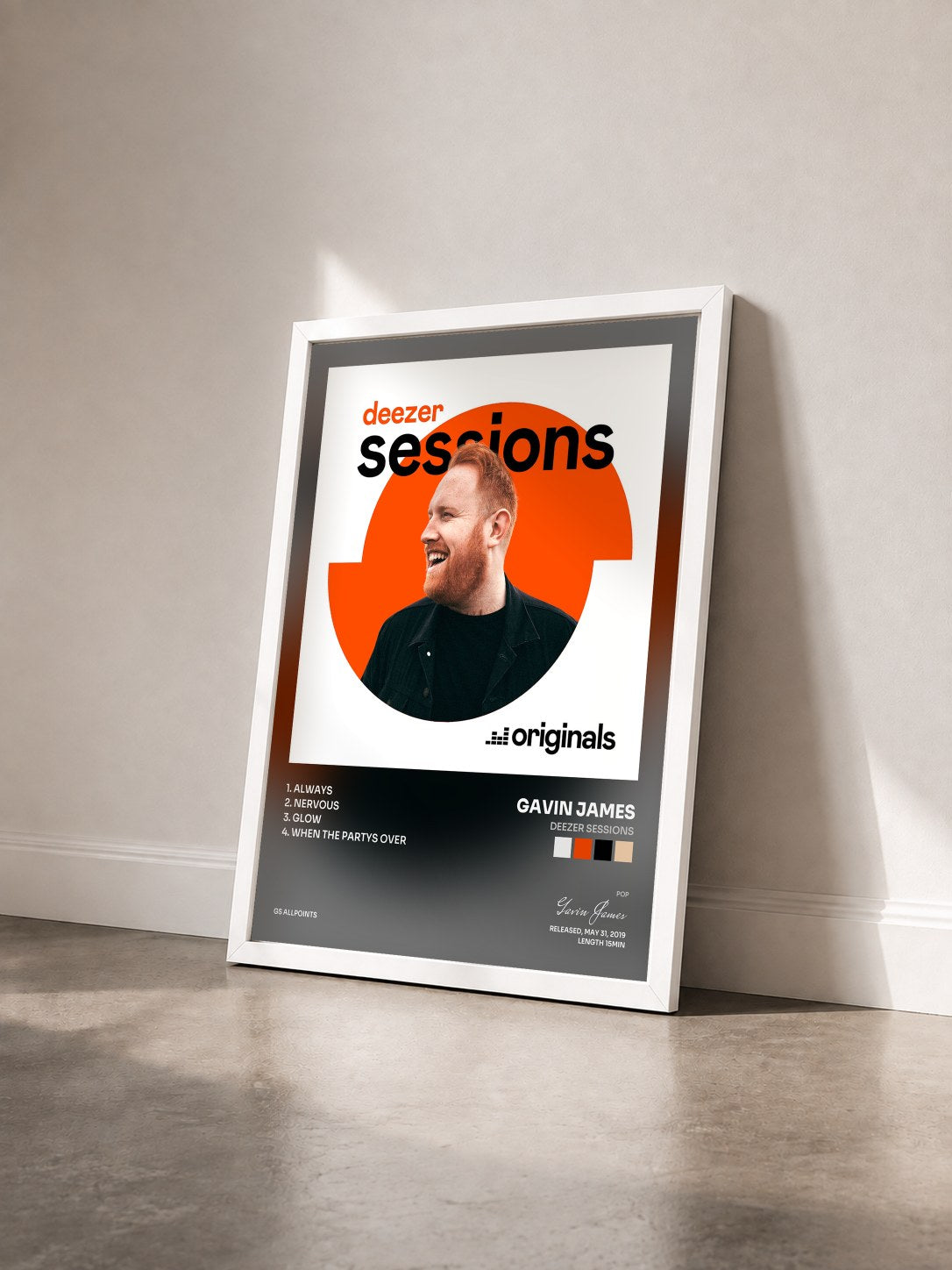 #blanc Tableau de l'album Deezer Sessions de Gavin James vu de trois quarts, cadre blanc