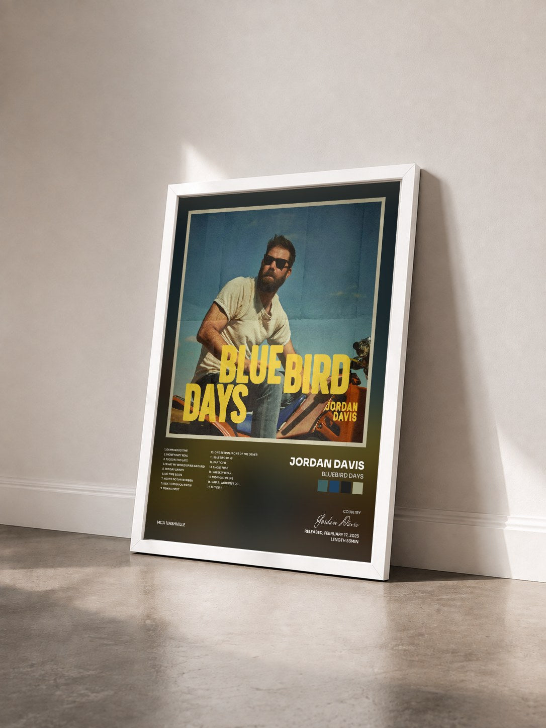 #blanc Tableau de l'album Bluebird Days de Jordan Davis vu de trois quarts, cadre blanc