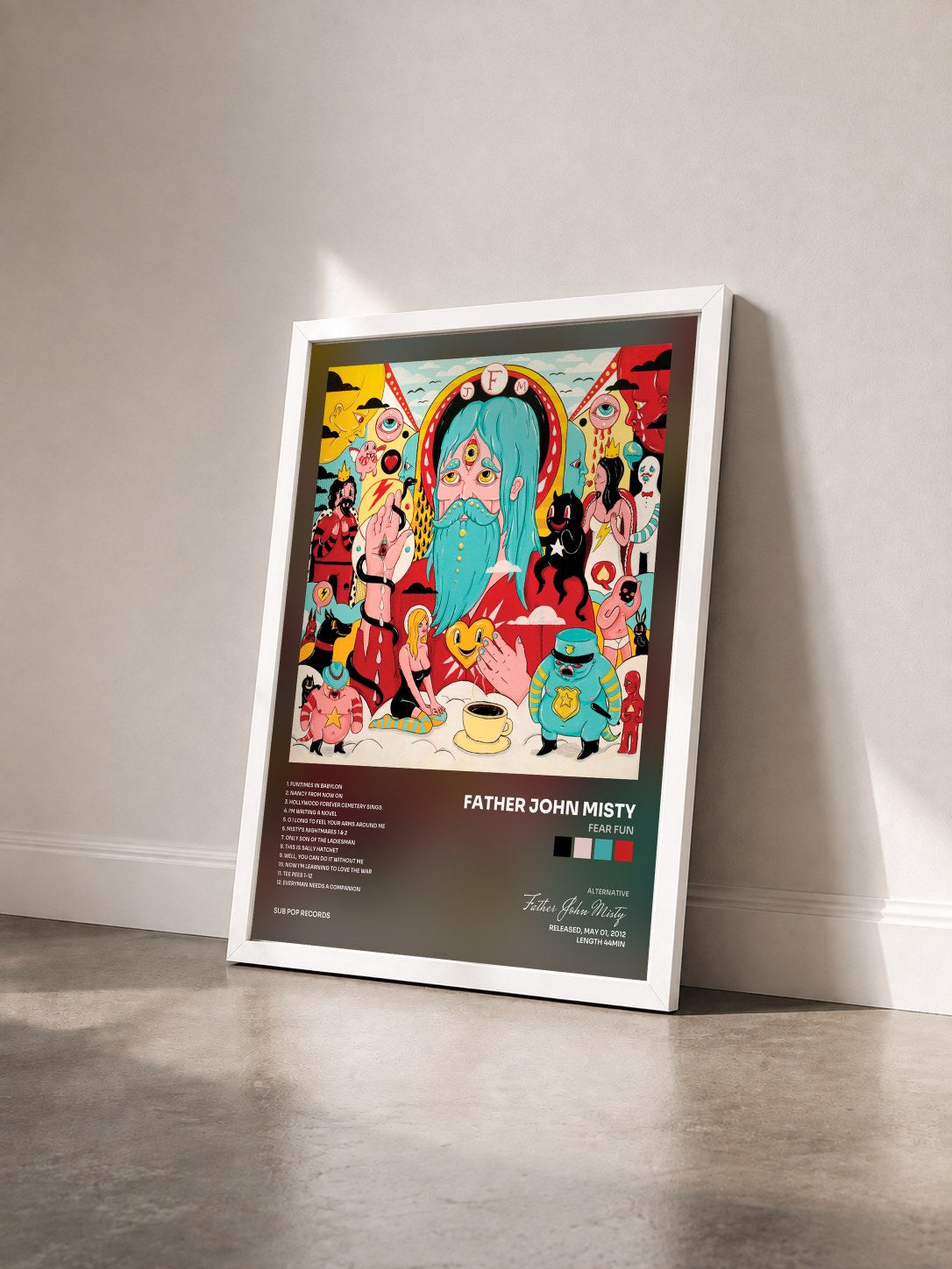 #blanc Tableau de l'album Fear Fun de Father John Misty vu de trois quarts, cadre blanc