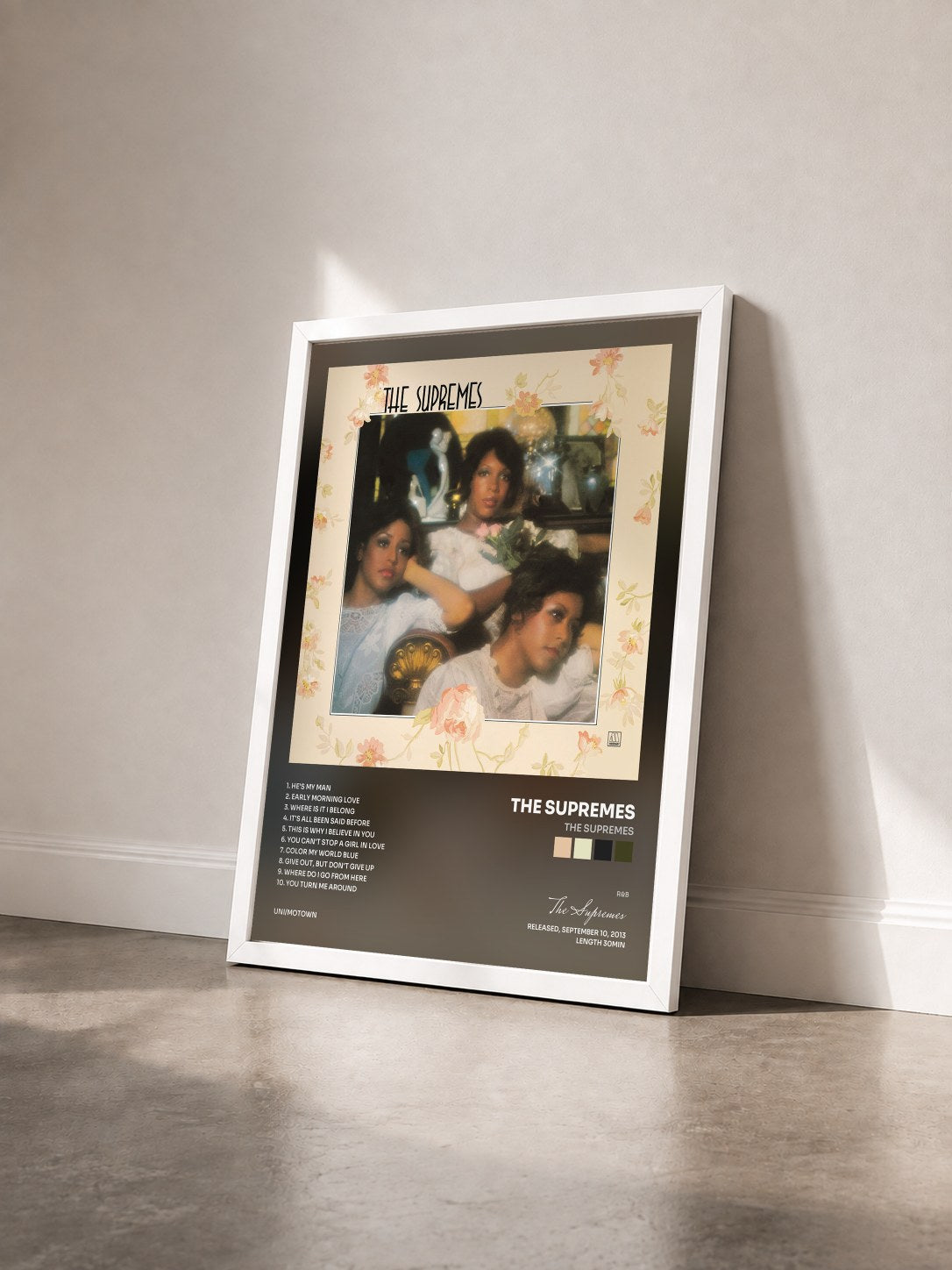 #blanc Tableau de l'album The Supremes de The Supremes vu de trois quarts, cadre blanc