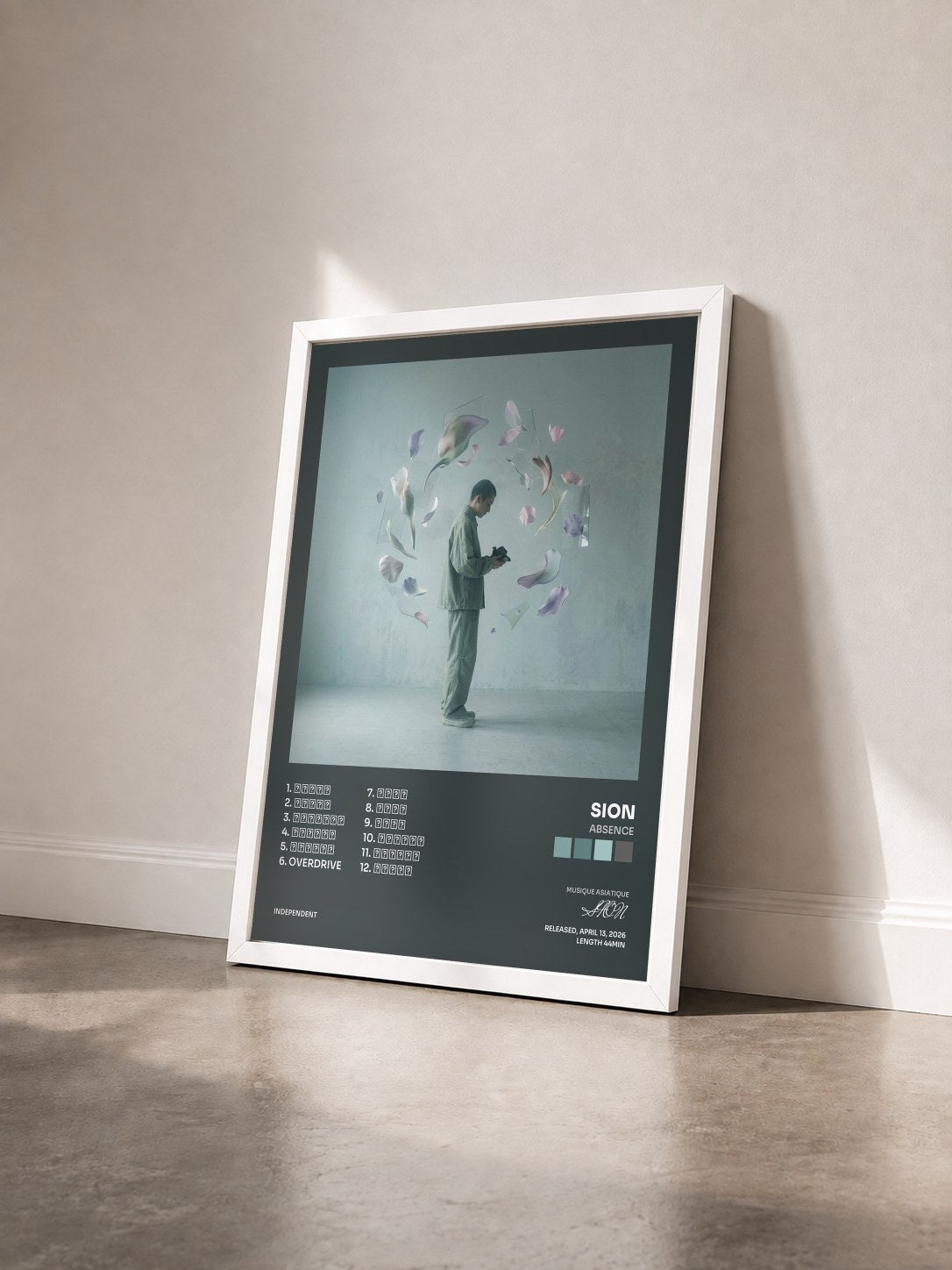 #blanc Tableau de l'album Absence de SION vu de trois quarts, cadre blanc