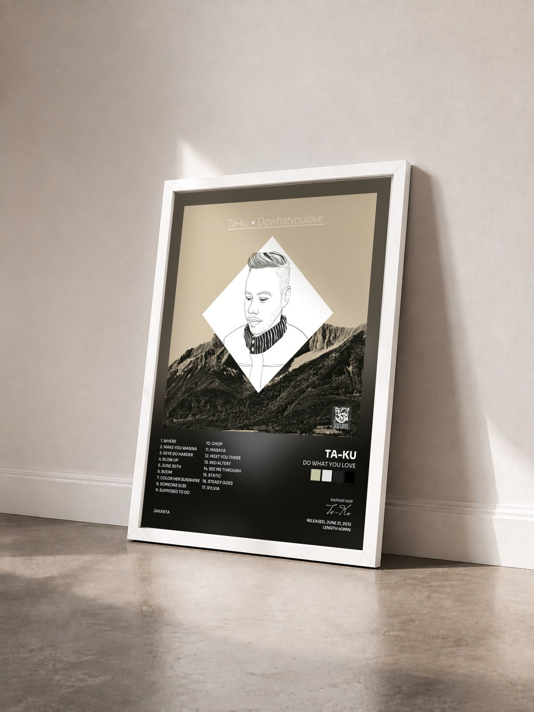 #blanc Tableau de l'album Do What You Love de Ta-Ku vu de trois quarts, cadre blanc