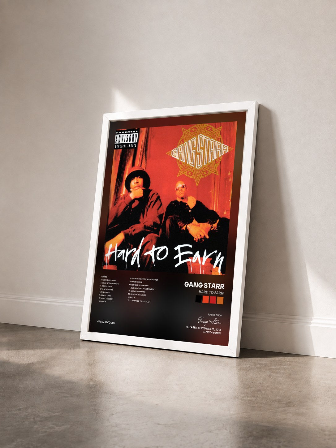 #blanc Tableau de l'album Hard To Earn de Gang Starr vu de trois quarts, cadre blanc