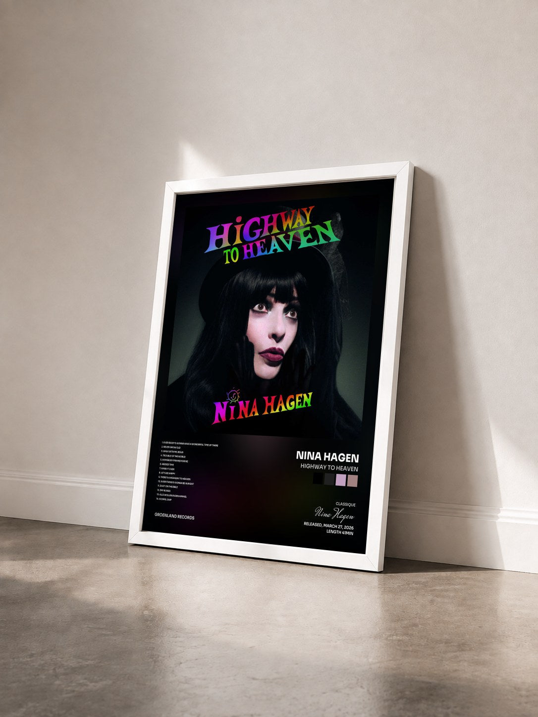 #blanc Tableau de l'album HiGHWAY TO HEAVEN de Nina Hagen vu de trois quarts, cadre blanc