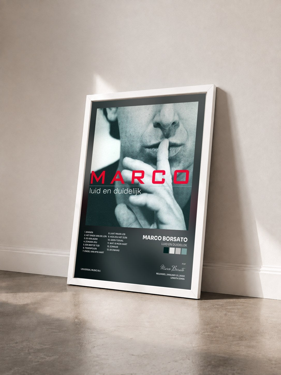 #blanc Tableau de l'album Luid En Duidelijk de Marco Borsato vu de trois quarts, cadre blanc