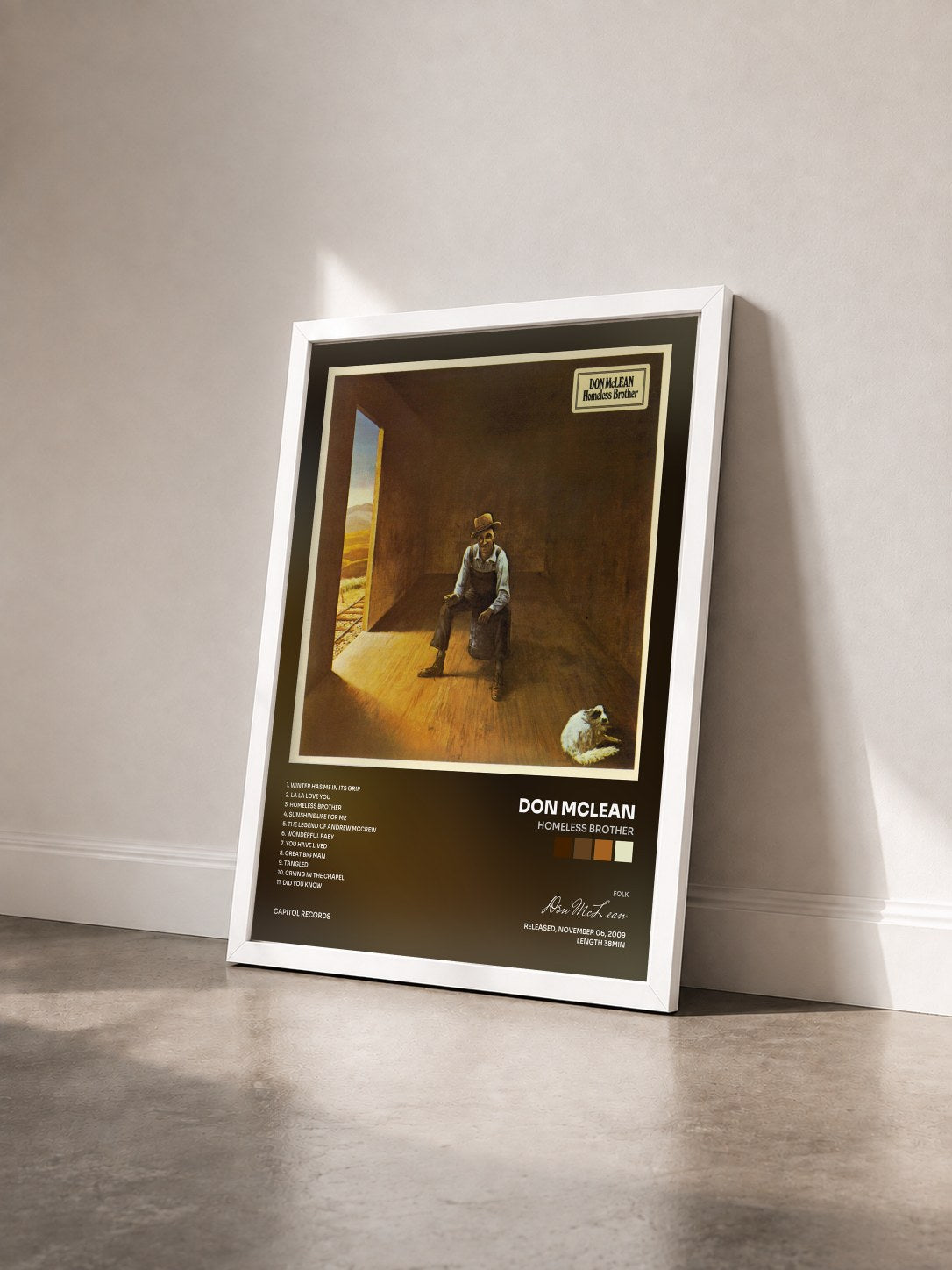 #blanc Tableau de l'album Homeless Brother de Don McLean vu de trois quarts, cadre blanc