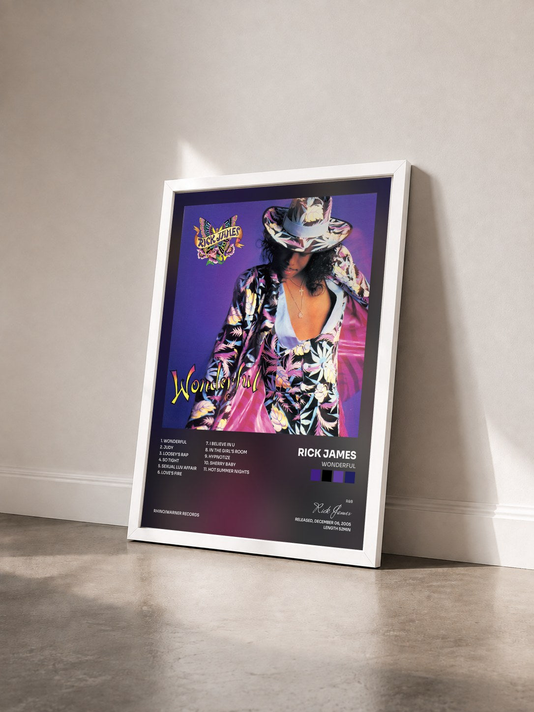 #blanc Tableau de l'album Wonderful de Rick James vu de trois quarts, cadre blanc