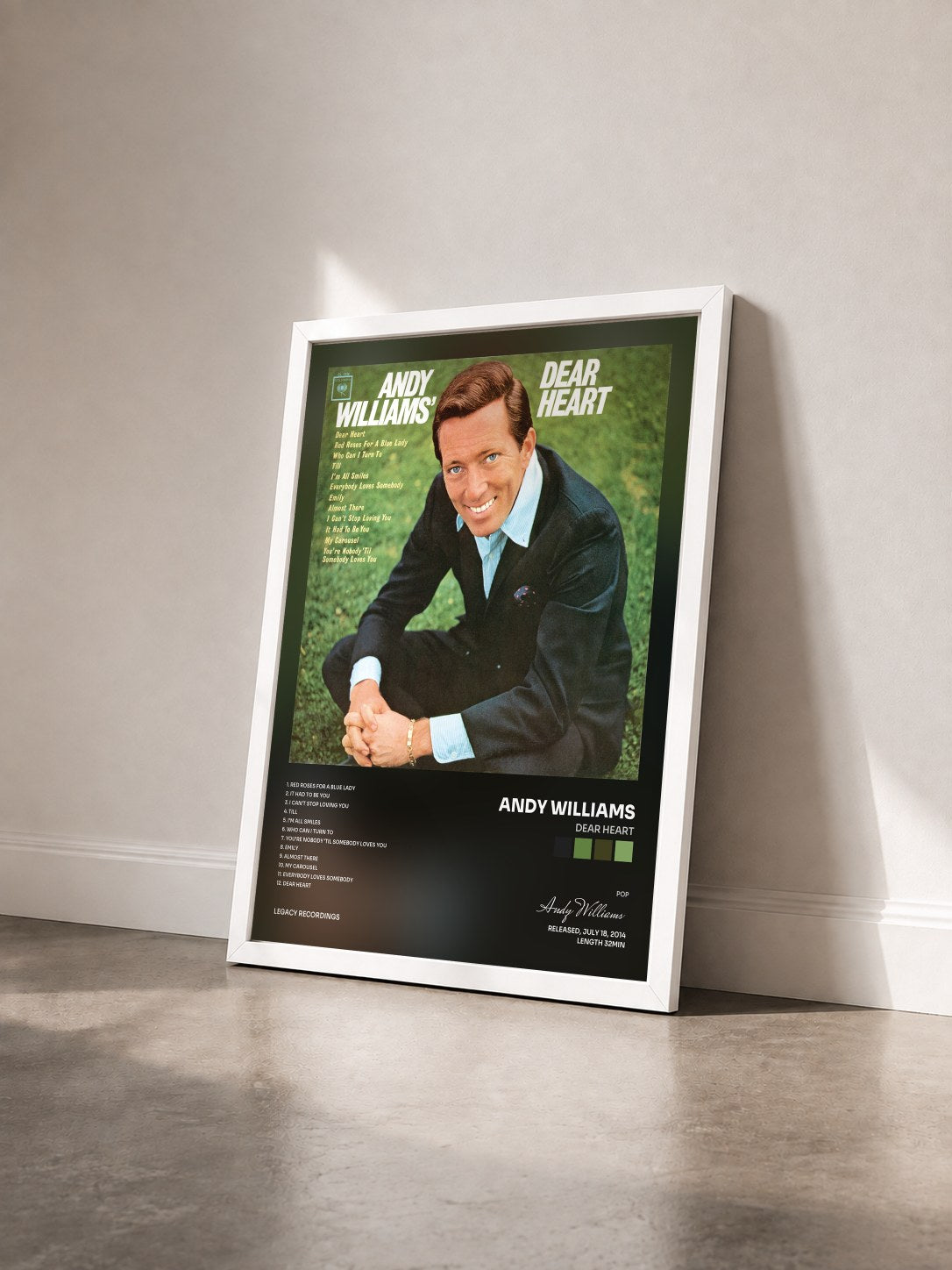 #blanc Tableau de l'album Dear Heart de Andy Williams vu de trois quarts, cadre blanc