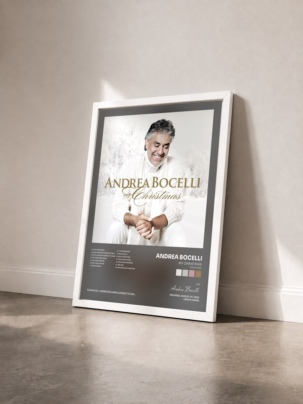 #blanc Tableau de l'album My Christmas (Remastered) de Andrea Bocelli vu de trois quarts, cadre blanc