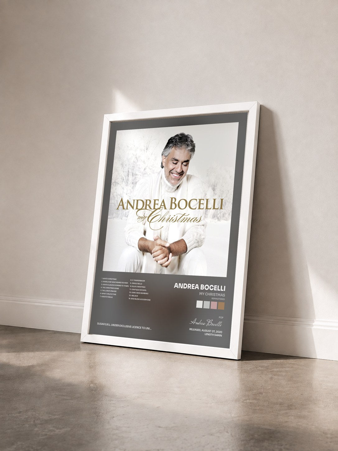 #blanc Tableau de l'album My Christmas (Remastered) de Andrea Bocelli vu de trois quarts, cadre blanc