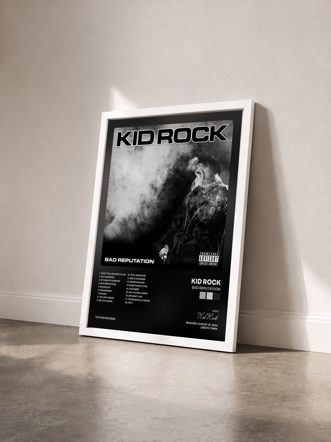#blanc Tableau de l'album Bad Reputation de Kid Rock vu de trois quarts, cadre blanc