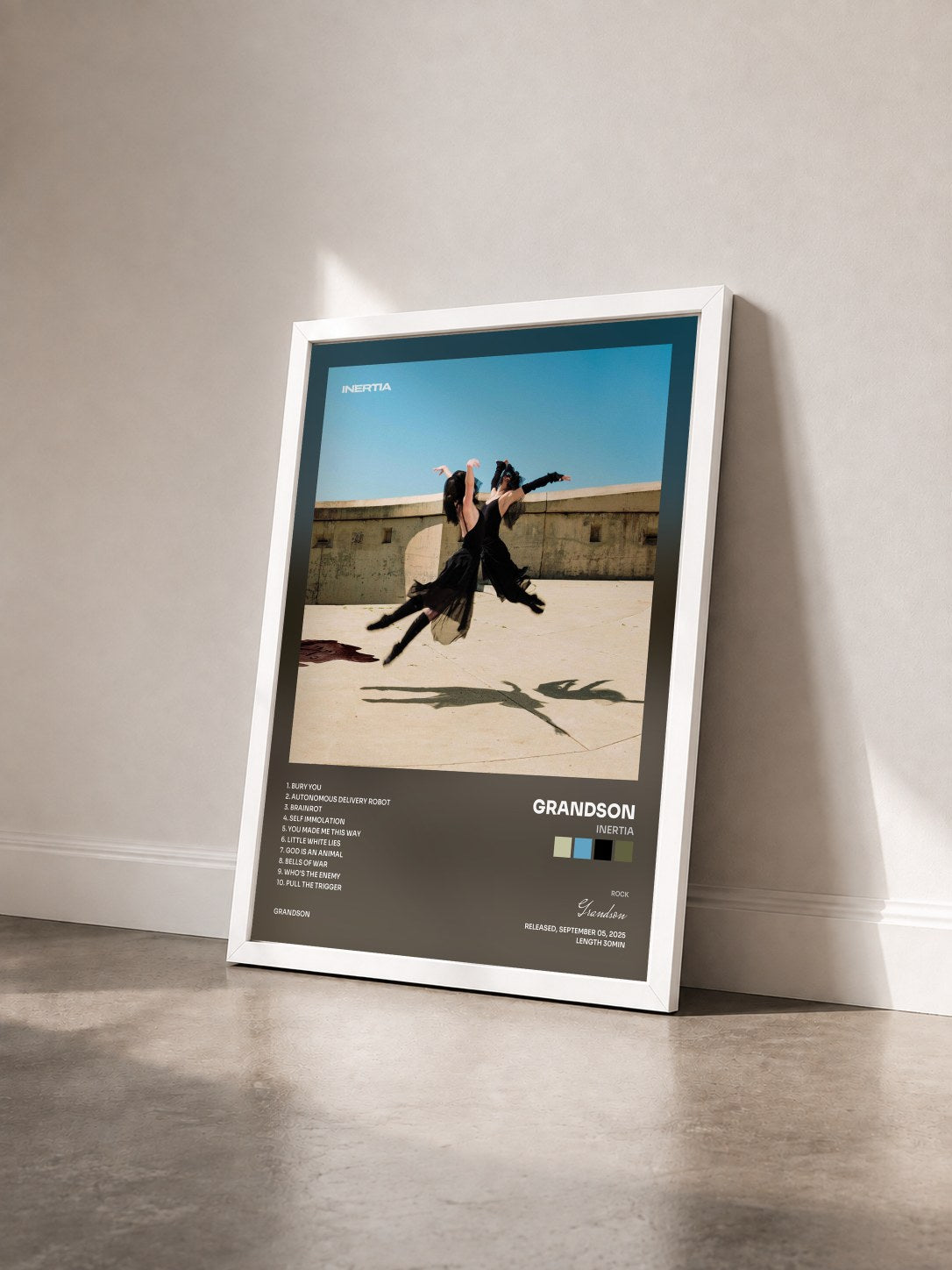 #blanc Tableau de l'album INERTIA de Grandson vu de trois quarts, cadre blanc