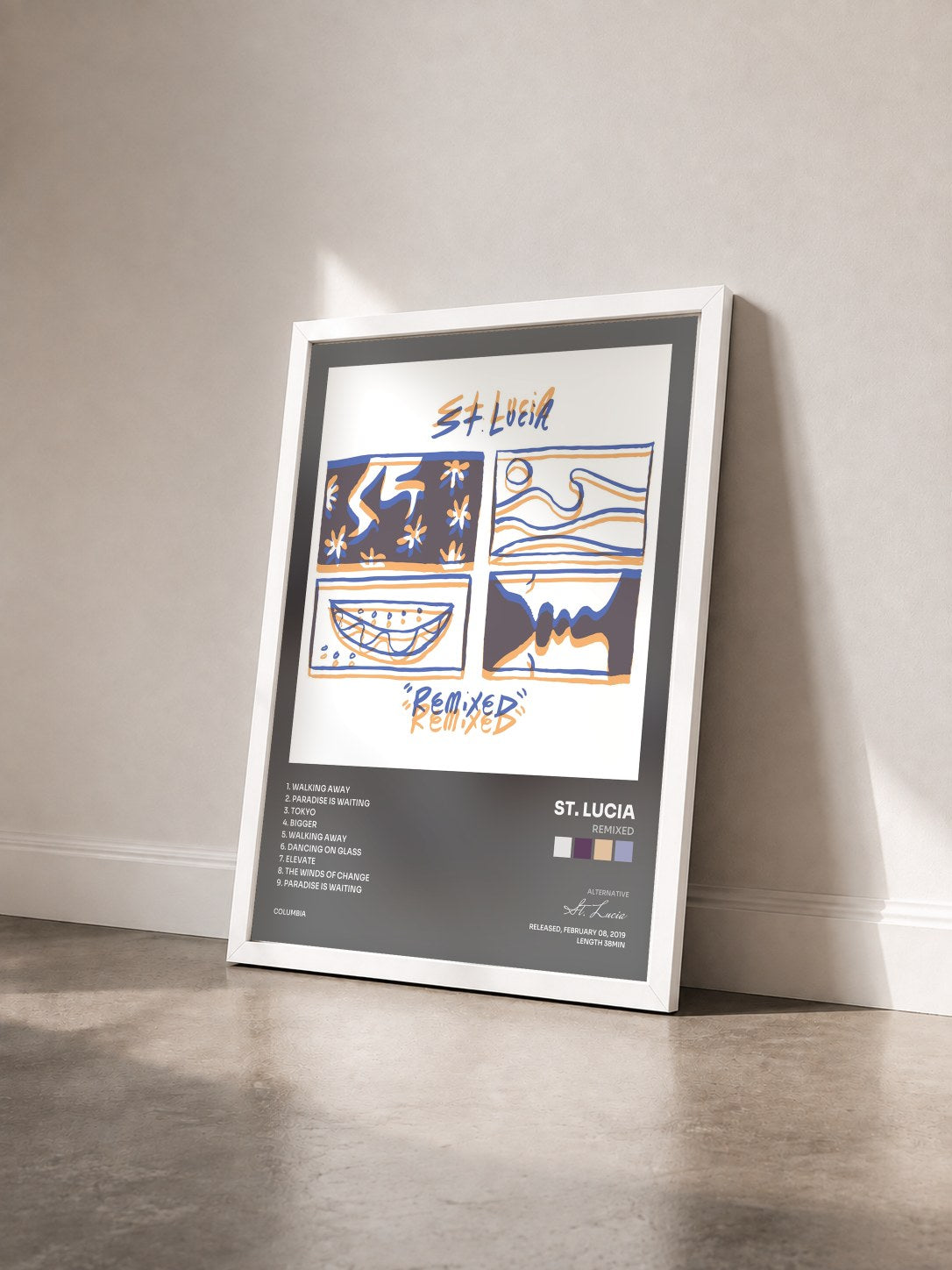 #blanc Tableau de l'album Remixed de St. Lucia vu de trois quarts, cadre blanc