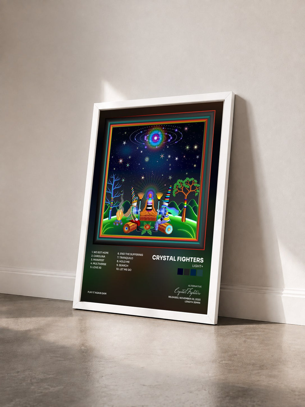 #blanc Tableau de l'album LIGHT+ de Crystal Fighters vu de trois quarts, cadre blanc