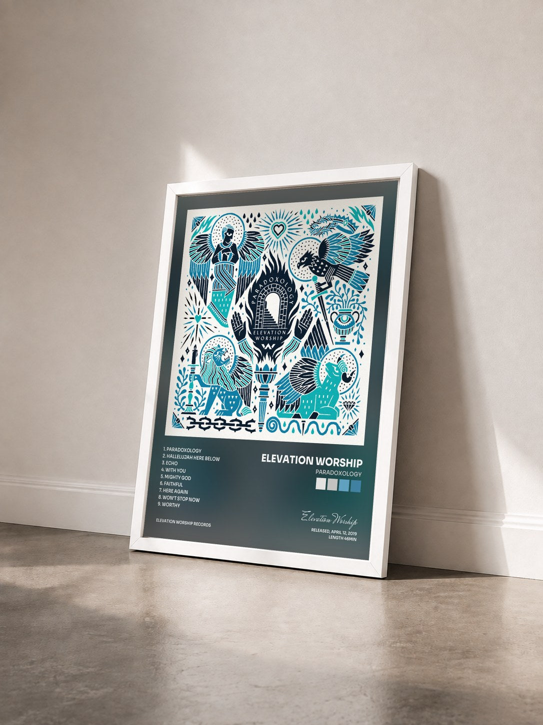 #blanc Tableau de l'album Paradoxology de Elevation Worship vu de trois quarts, cadre blanc