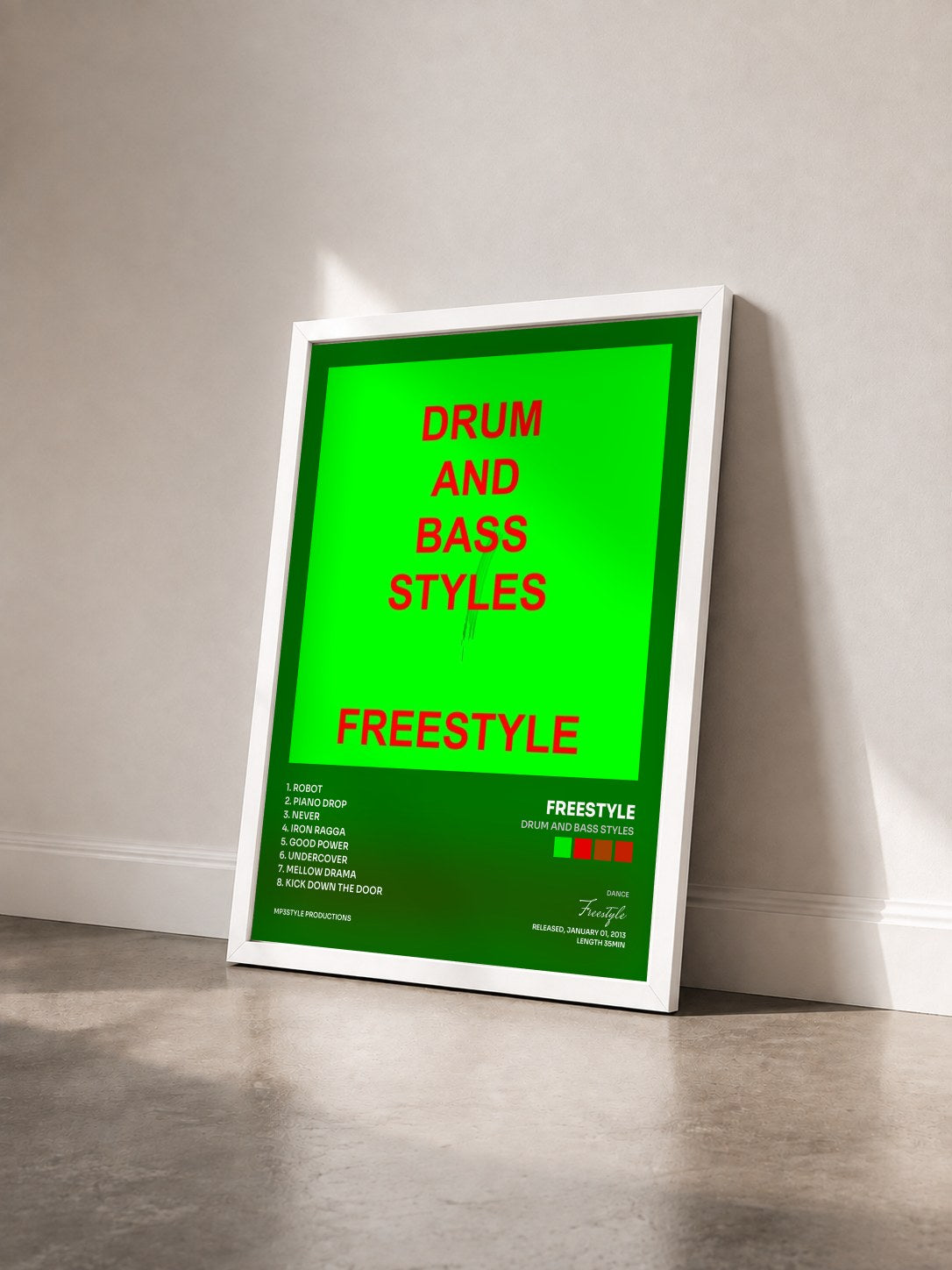 #blanc Tableau de l'album Drum and bass STYLES de Freestyle vu de trois quarts, cadre blanc