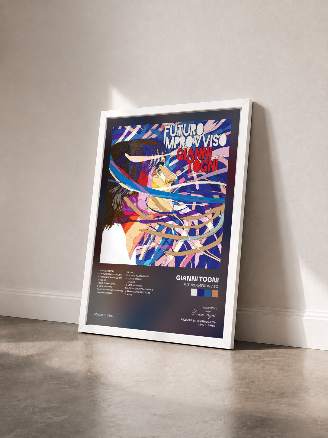 #blanc Tableau de l'album Futuro improvviso de Gianni Togni vu de trois quarts, cadre blanc