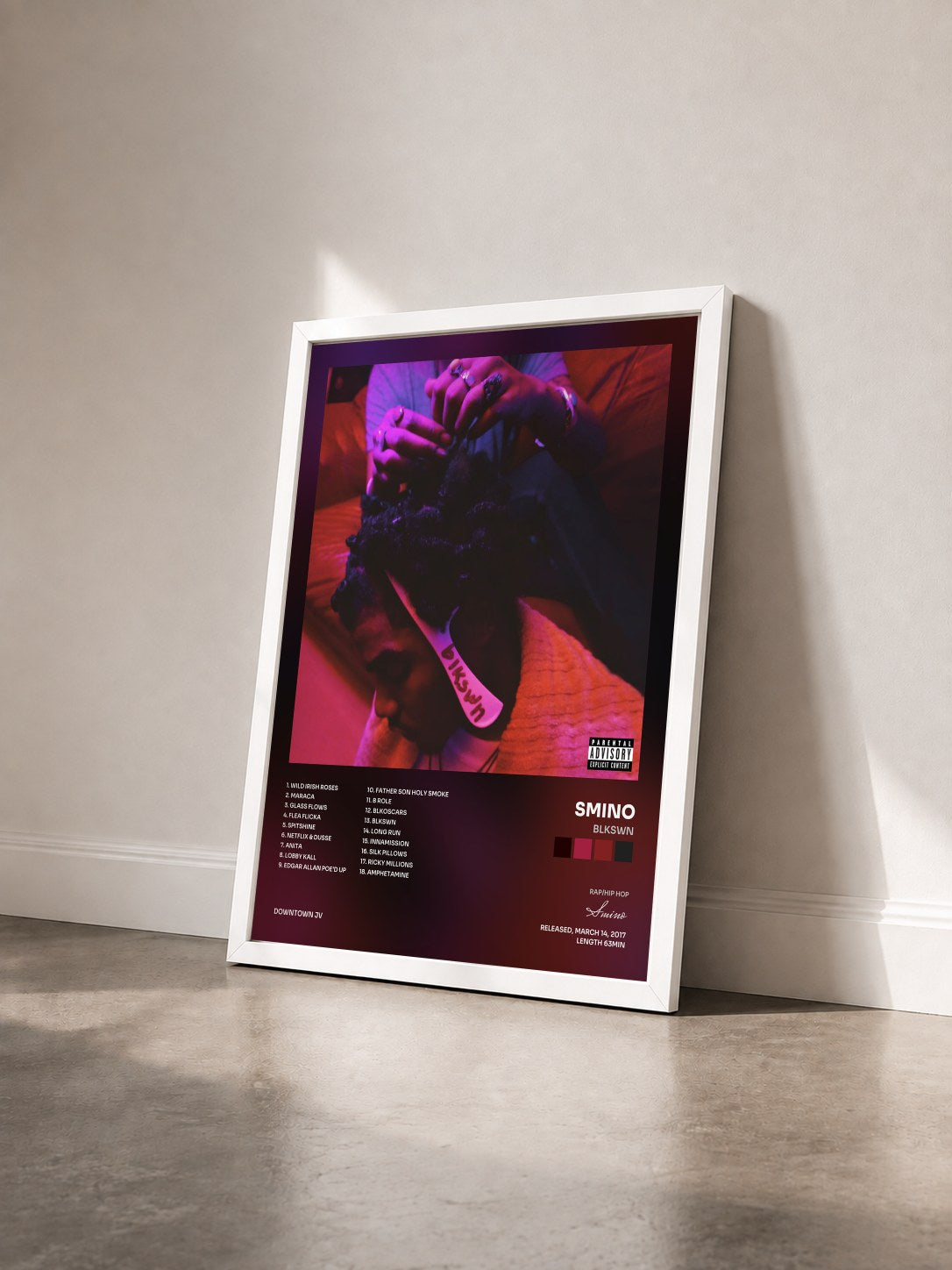 #blanc Tableau de l'album blkswn de Smino vu de trois quarts, cadre blanc