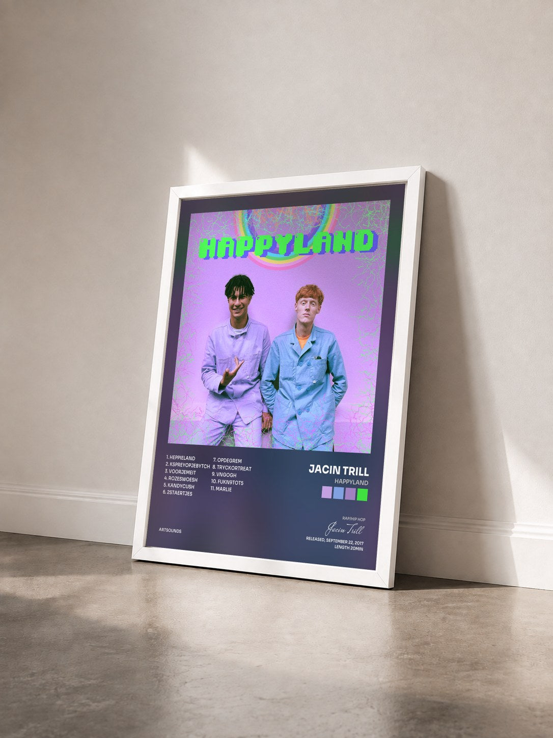 #blanc Tableau de l'album Happyland de Jacin Trill vu de trois quarts, cadre blanc