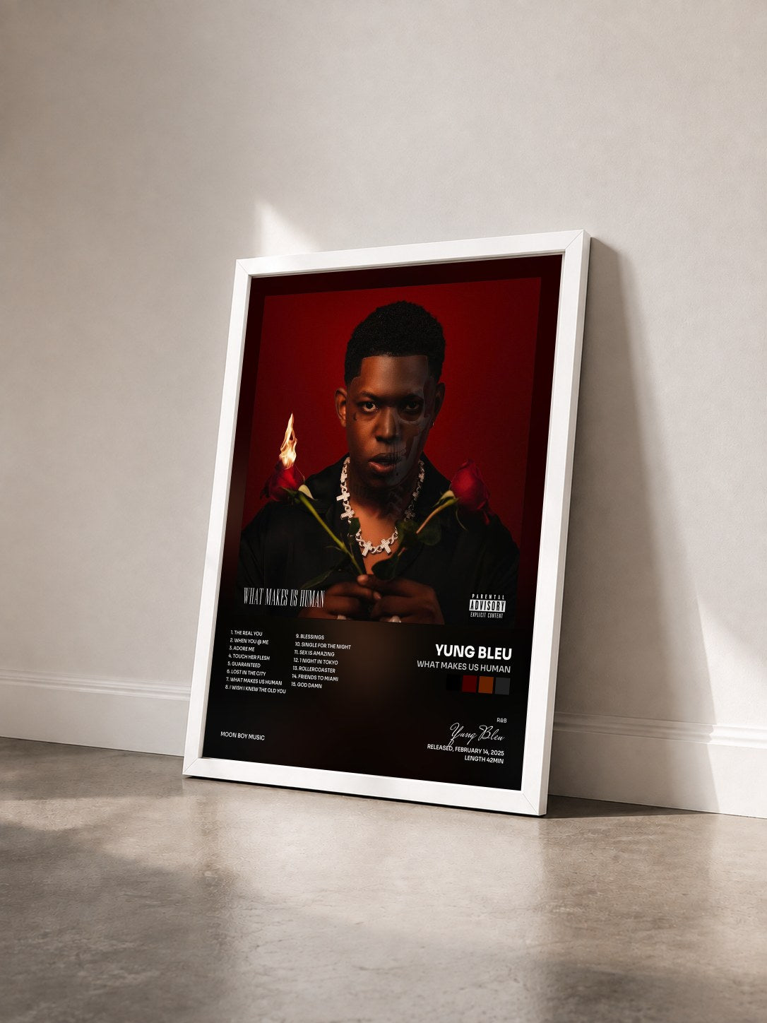 #blanc Tableau de l'album What Makes Us Human de Yung Bleu vu de trois quarts, cadre blanc