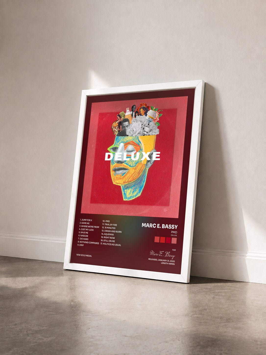 #blanc Tableau de l'album PMD (Deluxe) de Marc E. Bassy vu de trois quarts, cadre blanc
