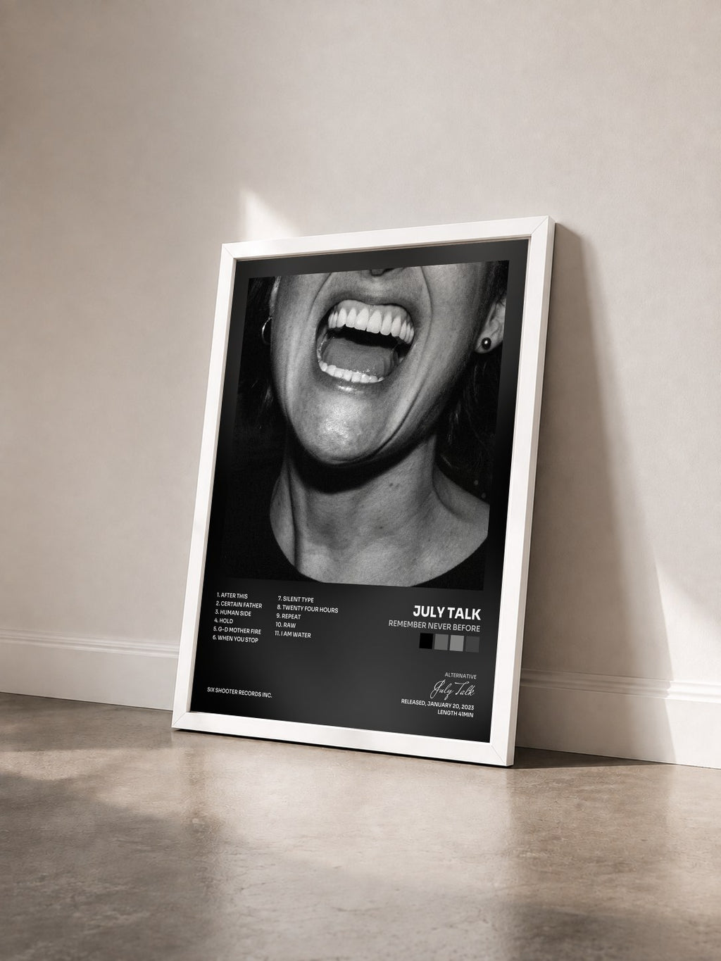 #blanc Tableau de l'album Remember Never Before de July Talk vu de trois quarts, cadre blanc