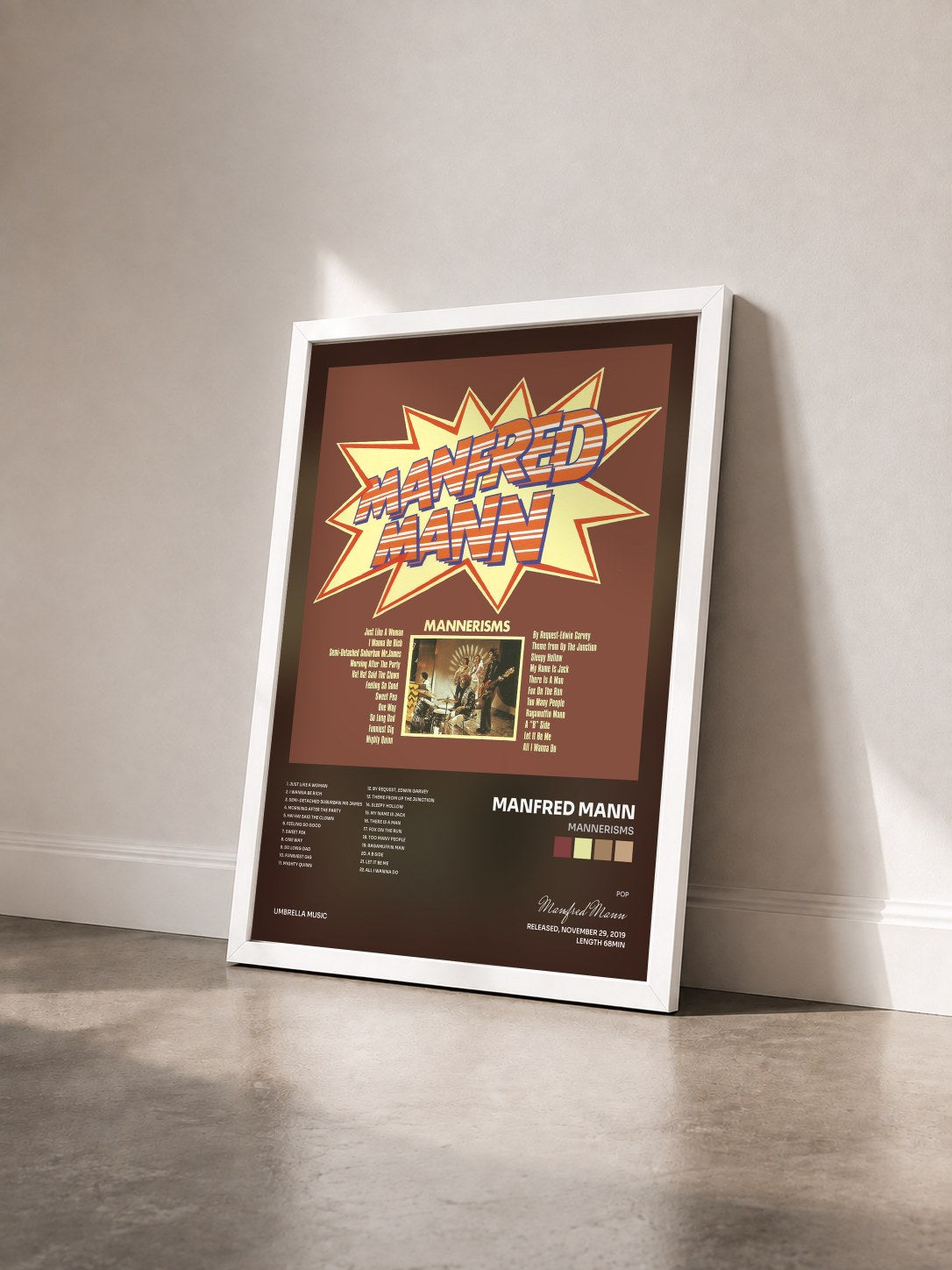 #blanc Tableau de l'album Mannerisms de Manfred Mann vu de trois quarts, cadre blanc