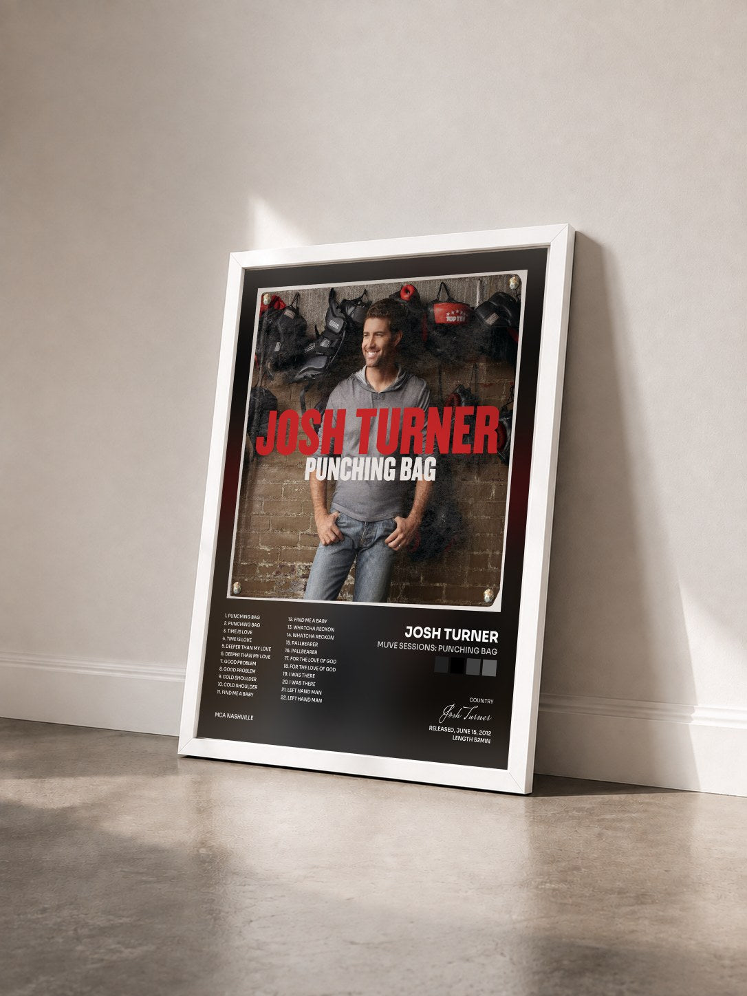 #blanc Tableau de l'album Muve Sessions: Punching Bag de Josh Turner vu de trois quarts, cadre blanc