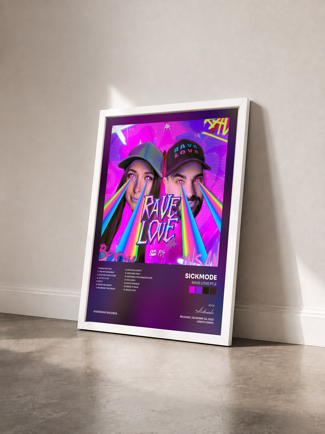 #blanc Tableau de l'album RAVE LOVE PT.2 de Sickmode vu de trois quarts, cadre blanc